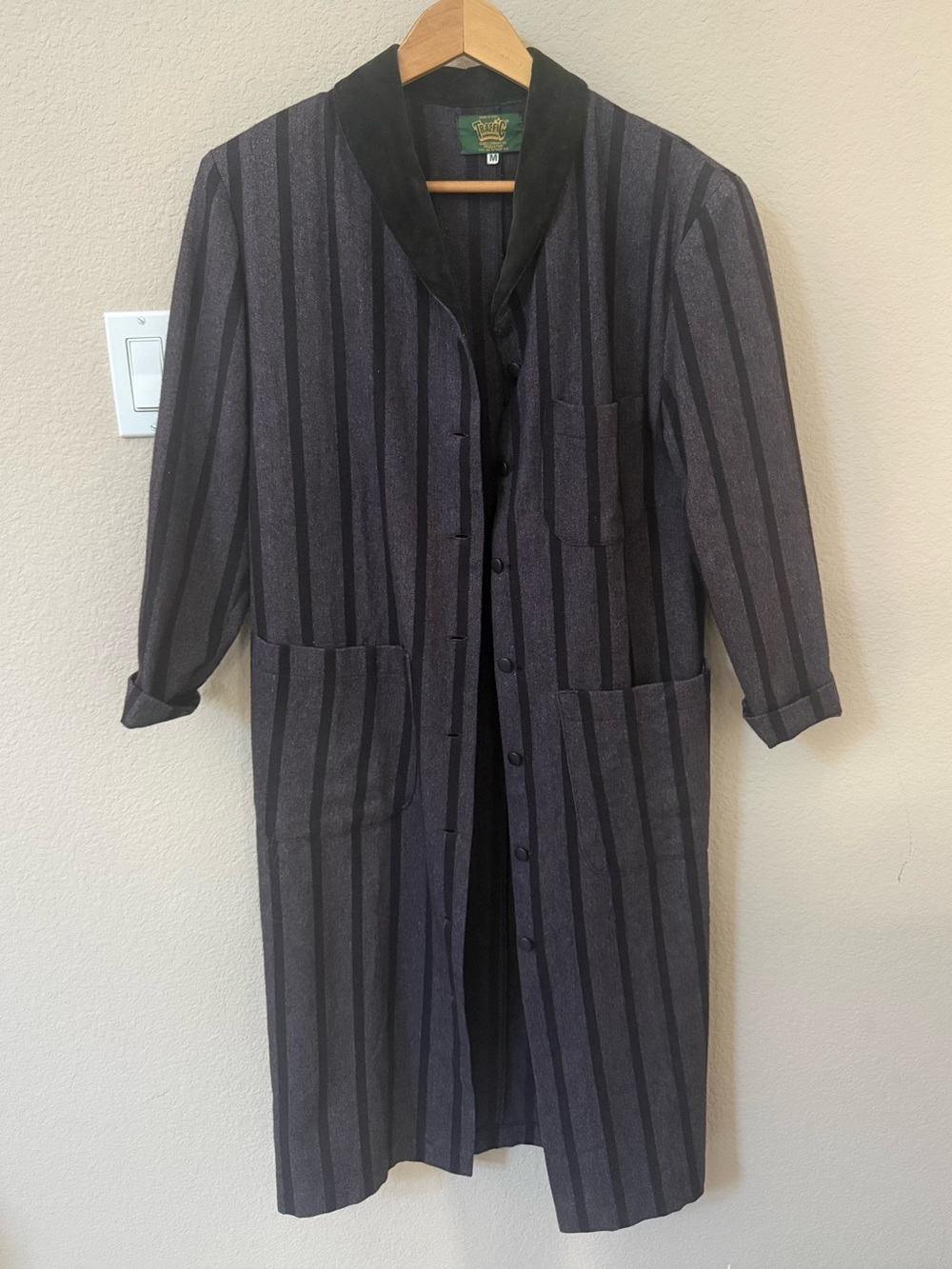 Vintage Made in Italy Striped Wool Duster Coat Velvet Collar M Dark Academia